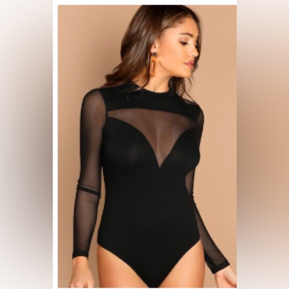 Mock neck mesh long sleeve deep plunge bodysuit